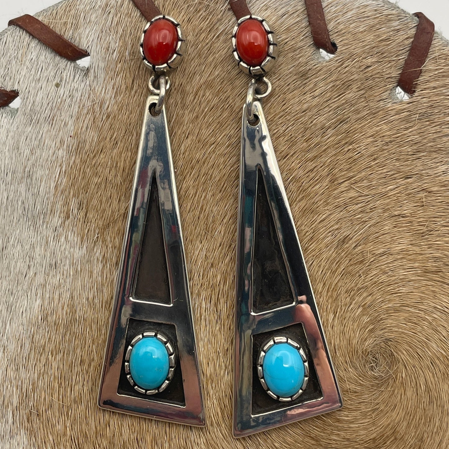 Sterling Silver geometric post  earrings featuring natural Sleeping Beauty Turquoise and Mediterranean Coral 