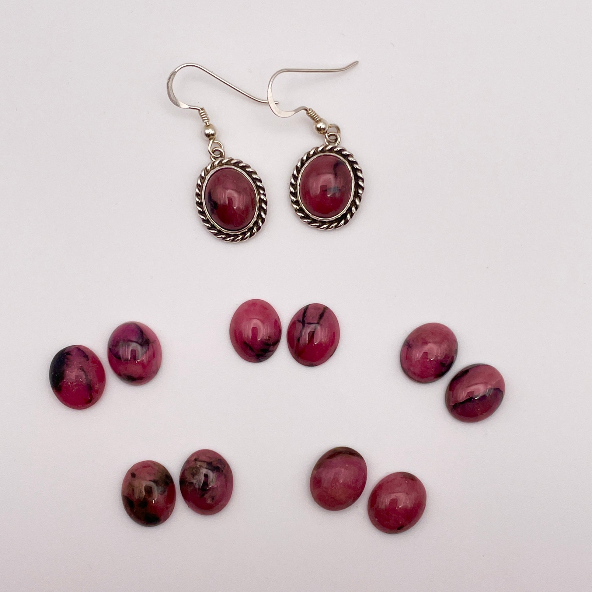 Rhodonite and Sterling silver French hook earrings shown with 5 pairs of Rhodonite stones 