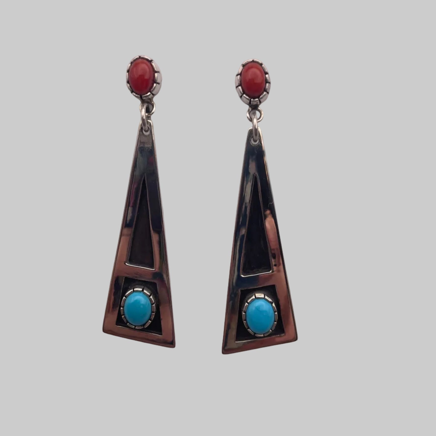 Sterling Silver geometric post  earrings featuring natural Sleeping Beauty Turquoise and Mediterranean Coral