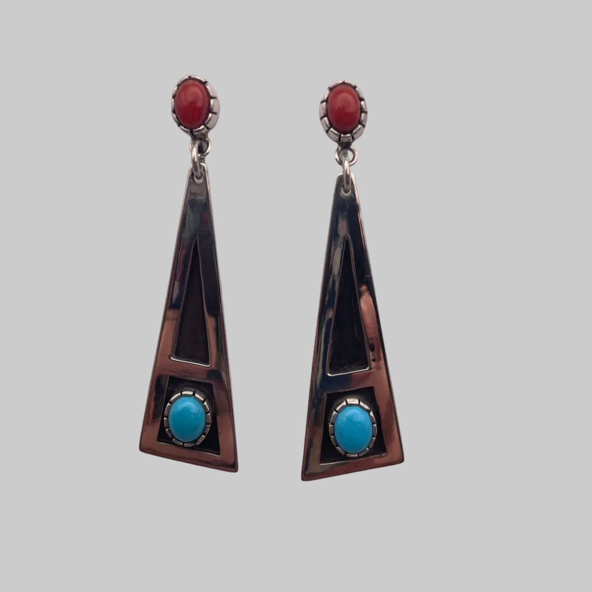 Sterling Silver geometric post  earrings featuring natural Sleeping Beauty Turquoise and Mediterranean Coral