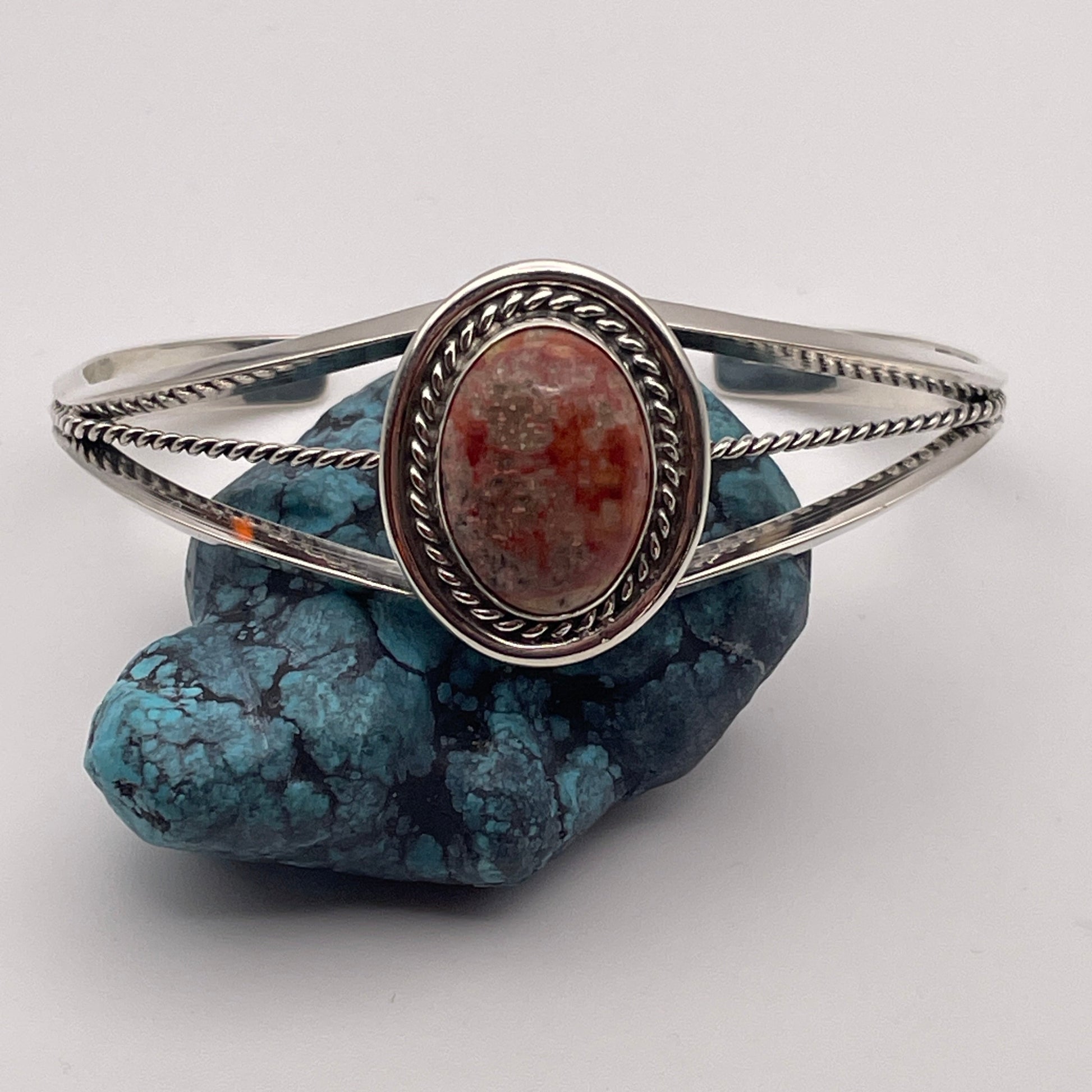 Sterling silver cuff bracelet with natural stone and twist wire detail