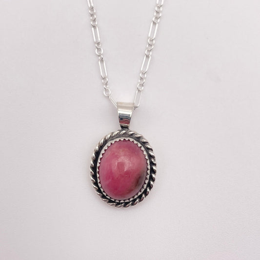 Sterling silver rhodonite pendant necklace with natural pink gemstone