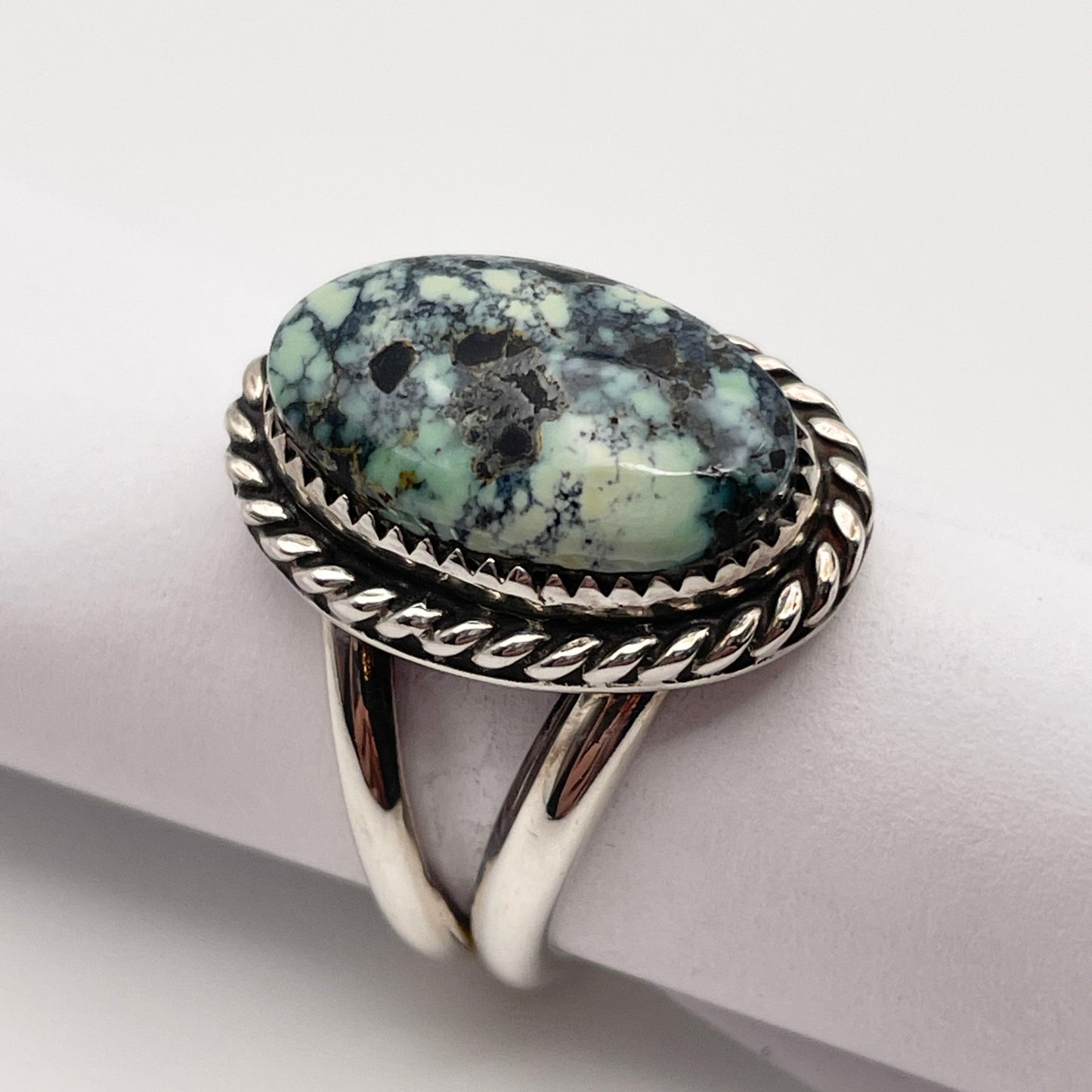 Sterling silver Poseidon Variscite ring featuring a genuine Nevada gemstone with seafoam green coloring